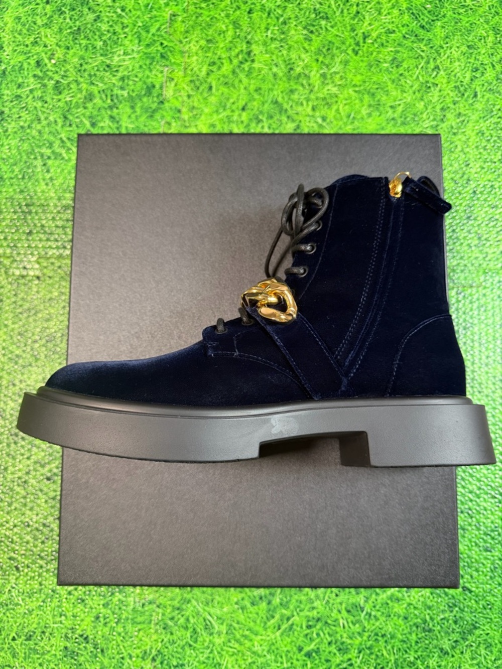 Giuseppe Zanotti Men's Chain Strap Navy Blue Velvet Lace-Up Boots Size 44